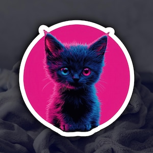 Adesivo con gattino adorabile e carino | Stile neon synthwave retrò pulp new wave | Adesivo per skateboard/laptop/paraurti/finestrino