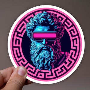 Adesivo Cyberpunk Zeus | La mitologia greca incontra l'arte pulp retrò | Stile fumetto inquietantemente fantastico