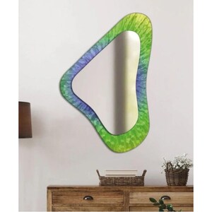 Iridescent Green Wave Organic Mirror – Unique Asymmetrical Colorful Wall Decor for Living Room & Entryway