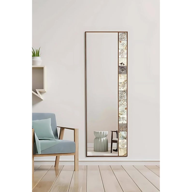 AAZZKANG Specchio intero con cornice in legno, 110 x 35 cm, rustico, grande specchio da parete per camera da letto, soggiorno, bagno, ingresso, rettangolare, bianco