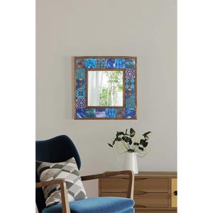 Handmade Blue Mosaic Tile Mirror: Natural Wood Frame, Coastal Decor