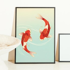 Printable Red Koi Fish Wall Art, Japanese Vintage Art Print, Aesthetic Koi Poster, Digital Download Gift, Japandi Decor, Zen Gift Ideas