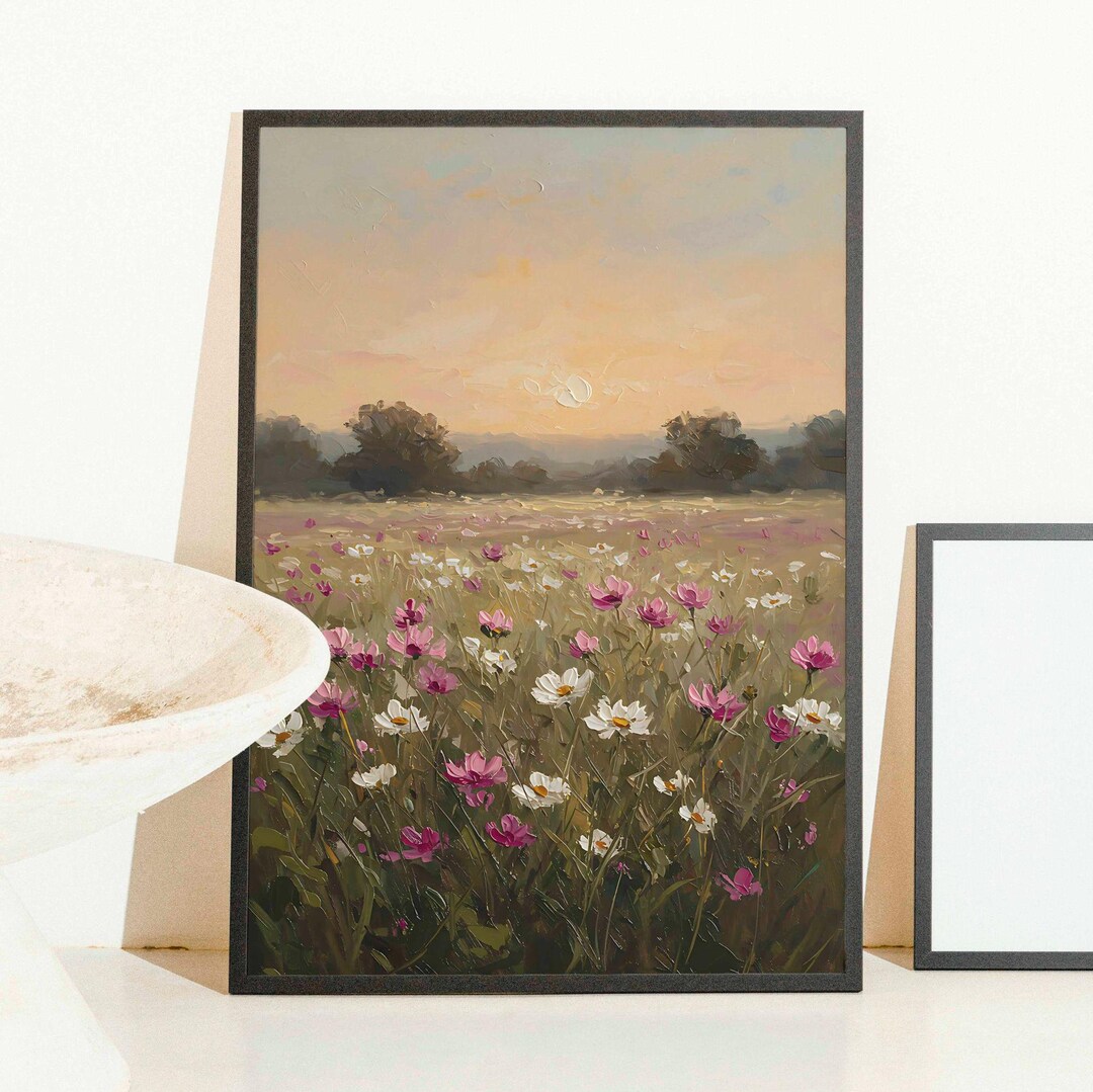 Pastel Pink Wildflower Landscape Print: Vintage Spring Wall Art ...