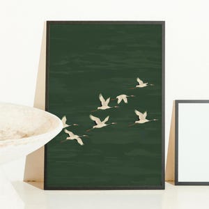 Druckbare Smaragd Kraniche Wandkunst, japanischer Vogel Druck, maximales grünes Dekor, Vintage vielseitige Wohnkunst, großes digitales Download Geschenk