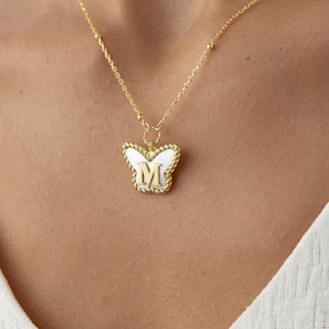 18K Gold Filled Mother of Pearl Initial Butterfly Necklace, Letter Necklace, Initial Necklace, Custom Gift, Layering Necklace, Gift for Her
