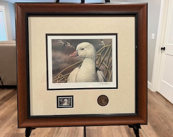 Gravura assinada do selo de pato Ross's Goose – Emoldurada, Numerada, Edição Medalhão