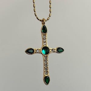 Stainless Steel Gold Cross Pendant Necklace with Emerald Green Zircon Stones & Ball Chain