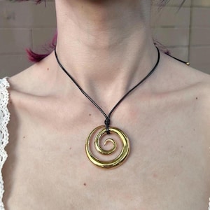 Stainless Steel Gold Boho Summer Beachy Chunky Spiral Pendant on Balck Choker Cord • Handmade Vintage Minimalist Y2K Jewelry Gift For Her