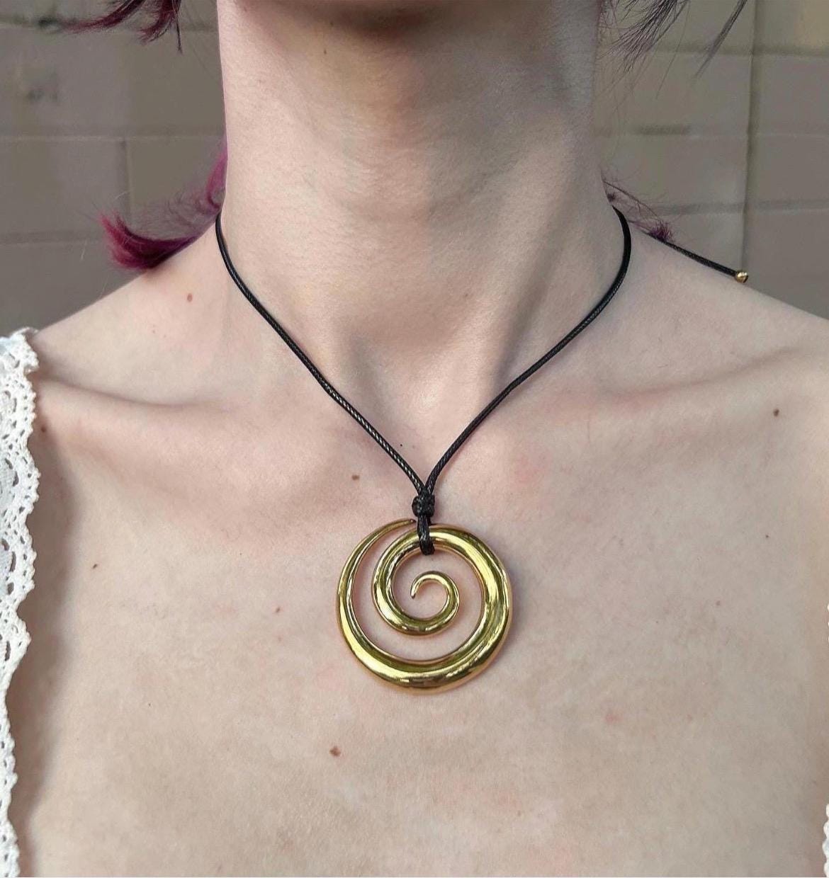 Stainless Steel Gold Boho Summer Beachy Chunky Spiral Pendant on Balck Choker Cord • Handmade Vintage Minimalist Y2K Jewelry Gift For Her
