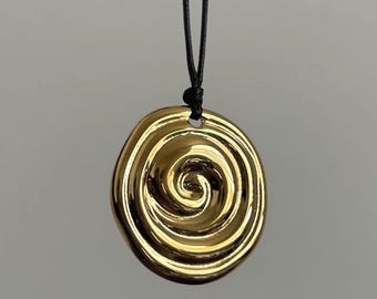 Stainless Steel Gold Boho Summer Beachy Geometric Spiral Pendant on Balck Choker Cord • Handmade Vintage Minimalist Y2K Jewelry Gift For Her