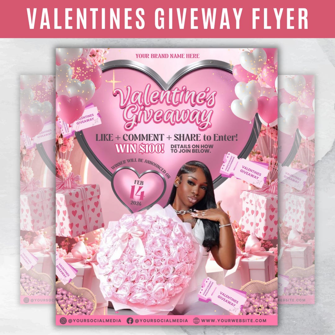 Valinetines Raffle Poster Giveaway Flyer for Valentines Day, DIY Flyer Template Design, February ...