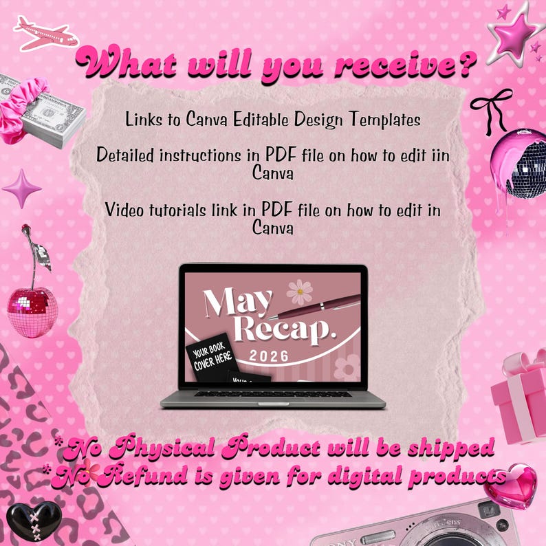 May include: Pink digital product advertisement with the text "What will you receive?" and a laptop displaying "May Recap. 2026". Includes instructions and templates for Canva. No physical product will be shipped.