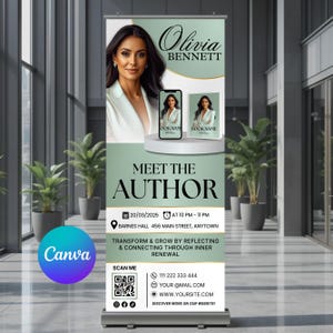 May include: A promotional banner featuring Olivia Bennett, with the text "Meet the Author." The design includes a portrait, book mockups, and event details. The banner is in shades of green and white.