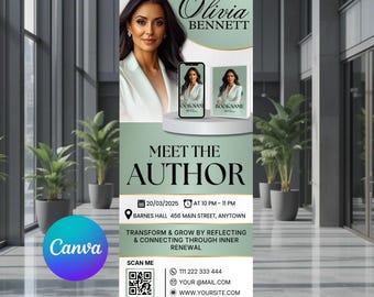 Op de afbeelding: Promotiebanner met Olivia Bennett, met de tekst 'Meet the Author'. Het ontwerp bevat een portret, boekmodellen en evenementdetails. De banner is in groen- en wittinten.