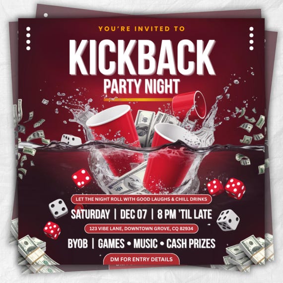 Kickback Party Flyer, Editable Kickback Club Flyer, Club DJ Party Invite, Event Flyer, Social Media Flyer, Canva Template, Instant Download