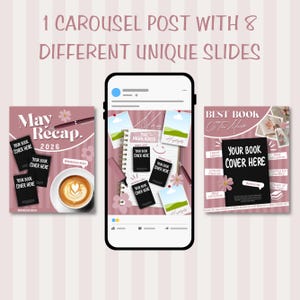 May include: A digital marketing graphic with a pink and white striped background. The graphic includes a smartphone displaying a carousel post with book covers, a coffee cup, and text that reads "May Recap 2026."
