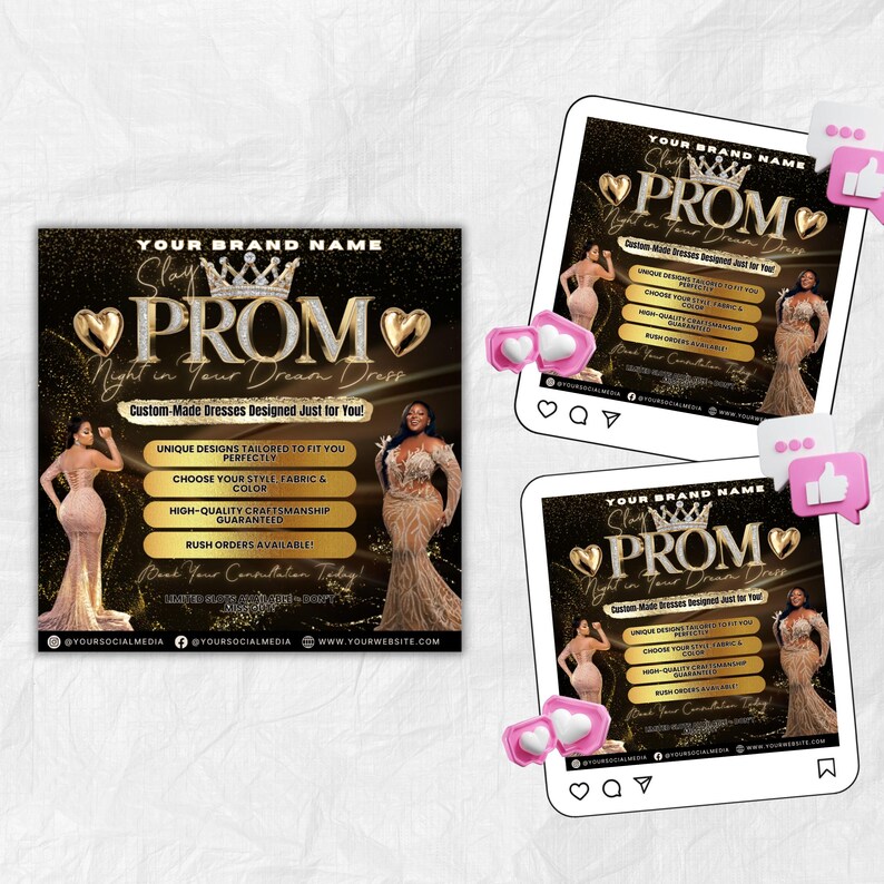 May include: A promotional graphic for custom-made prom dresses. The design features the word "PROM" in gold, with a crown and heart accents. The text highlights unique designs, fabric choices, and rush orders. The image includes social media icons.