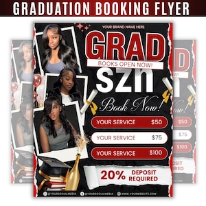 Può includere: Un volantino per la prenotazione della laurea con un design nero e rosso. Il volantino presenta foto di donne, il testo "GRAD SZN Book Now!" e i prezzi dei servizi. Sono inclusi anche un cappello di laurea e una bottiglia di champagne.