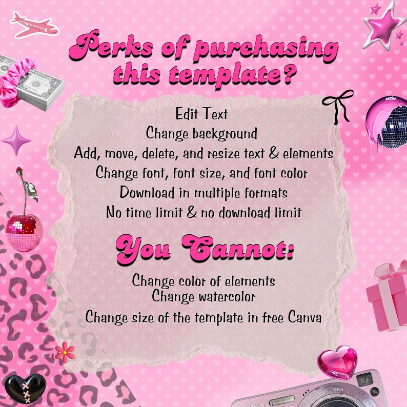 May include: Pink graphic with text "Perks of purchasing this template?" and "Edit Text, Change background, Add, move, delete, and resize text & elements, Change font, font size, and font color, Download in multiple formats, No time limit & no download limit, You Cannot: Change color of elements, Change watercolor, Change size of the template in free Canva."