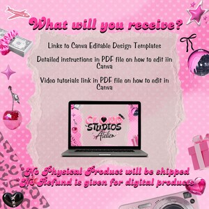 May include: Pink graphic with the text "What will you receive?" and details about Canva templates, instructions, and video tutorials. A laptop displays the "Cloud Studios Atelier" logo. Decorative elements include a camera, gift box, and disco ball.