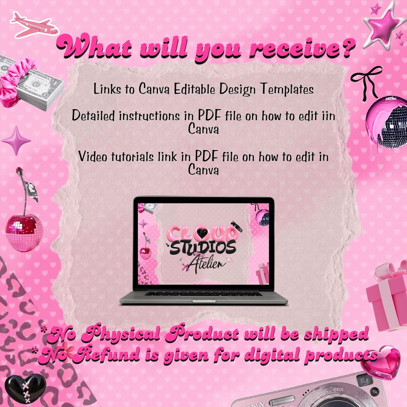 May include: Pink graphic with the text "What will you receive?" and details about Canva templates, instructions, and video tutorials. A laptop displays the "Cloud Studios Atelier" logo. Decorative elements include a camera, gift box, and disco ball.