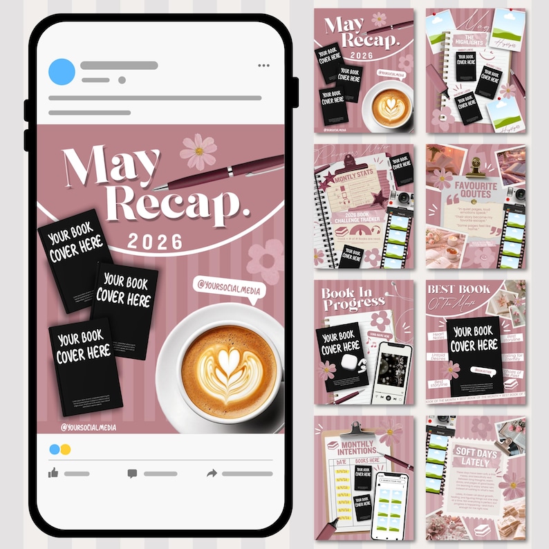 May include: A digital graphic design for social media, displaying "May Recap 2026." The design incorporates a coffee cup with latte art, books, a pen, and floral elements. Additional graphics are also shown.