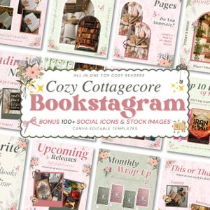 Può includere: Una collezione di modelli Canva con un'estetica accogliente cottagecore, progettati per bookstagram. I modelli presentano colori pastello tenui, accenti floreali e il testo "Cozy Cottagecore Bookstagram". Include icone social e immagini.