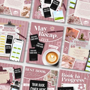 May include: A selection of pink and white stationery items, including notebooks, a smartphone, and a cup of coffee. The text includes "May Recap 2026" and "Best Book of the Month".