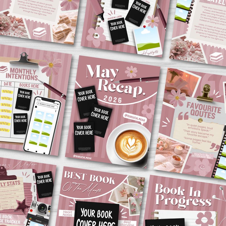 May include: A selection of pink and white stationery items, including notebooks, a smartphone, and a cup of coffee. The text includes "May Recap 2026" and "Best Book of the Month".