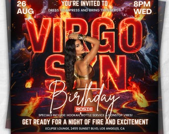 Fire Virgo Birthday Flyer, Virgo BASH, Season Birthday Flyer, Birthday Flyer Template, Birthday Girl, Virgro Birthday Flyer, Virgo Season