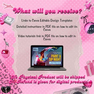 May include: Pink digital art graphic with text "What will you receive?" and "Paint & Sip Night" on a laptop screen. Includes text about Canva templates and instructions. Decorative elements include a disco ball, money, and a camera.