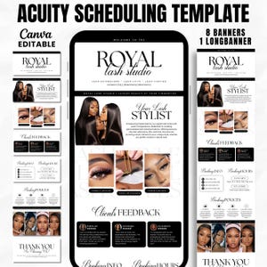 Può includere: Modello digitale per Acuity Scheduling, con un design in bianco e nero e il testo "Royal Lash Studio". Include banner, un banner lungo e sezioni per informazioni di prenotazione, politiche e feedback dei clienti.