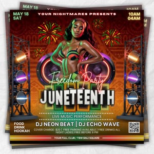 Puede incluir: Folleto promocional para una fiesta de la libertad del Juneteenth, con una mujer en bikini, fuegos artificiales y altavoces. El folleto incluye el texto "Freedom Party Juneteenth", detalles del evento y nombres de DJ.