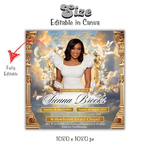 Puede incluir: Anuncio conmemorativo con un retrato de Sienna Brooks, rodeado de elementos florales y celestiales. El anuncio incluye el texto "In Loving Memory" y detalles de su vida. Tambi&eacute;n se muestran los textos "Totalmente editable" y "Tama&ntilde;o editable en Canva".