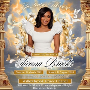 Puede incluir: Gr&aacute;fico conmemorativo con el texto "In Loving Memory" y "Celebrating the Life of Sienna Brooks". La imagen presenta a una mujer con un vestido blanco, palomas, mariposas y detalles florales. El gr&aacute;fico incluye fechas y una direcci&oacute;n de capilla.
