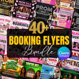 Pode incluir: Um pacote de mais de 40 folhetos de reserva com uma variedade de designs para diferentes eventos. Os folhetos apresentam imagens de pessoas, texto e gráficos. O texto inclui "Prom Sale", "Homecoming Bookings" e "Father's Day".
