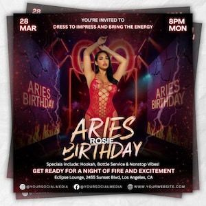 Aries Birthday Flyer, Birthday Flyer Templates, Girl Birthday Party Flyer, Celebration Flyer, Black & Red Birthday Event Flyer Invitation
