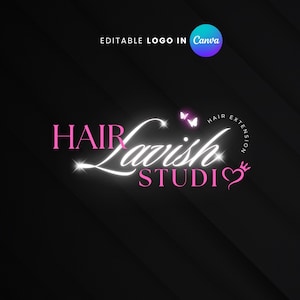 May include: A logo for Hair Lavish Studio, featuring a stylized script in white and pink. The text includes "Hair Lavish Studio" with "Hair Extension" and a heart-shaped crown. The background is black with diagonal lines and a Canva logo.