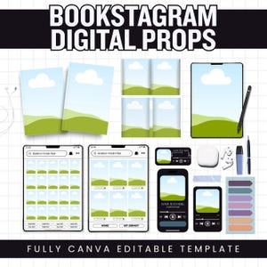 May include: A digital prop set titled BOOKSTAGRAM DIGITAL PROPS featuring book covers, tablet and phone interfaces with search bars, music player overlays, wireless earbuds, a stylus, and colourful adhesive tabs, all in a fully editable template.