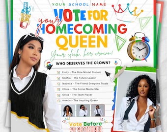 May include: A promotional flyer for a school homecoming queen election. The design features the text "Vote for Homecoming Queen" in colorful letters, along with images of candidates and the date "23 September".