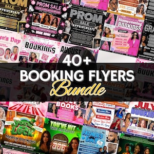 May include: A bundle of over 40 booking flyers with various designs. The flyers feature images of women and text promoting services for prom, homecoming, and other events. The flyers are in various colors, including pink, black, and gold.