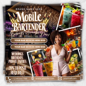 May include: A promotional flyer for a mobile bartender service. The flyer features a woman holding cocktails, with images of various drinks. Text includes "Mobile Bartender," "Bookings Available Now," and contact information.