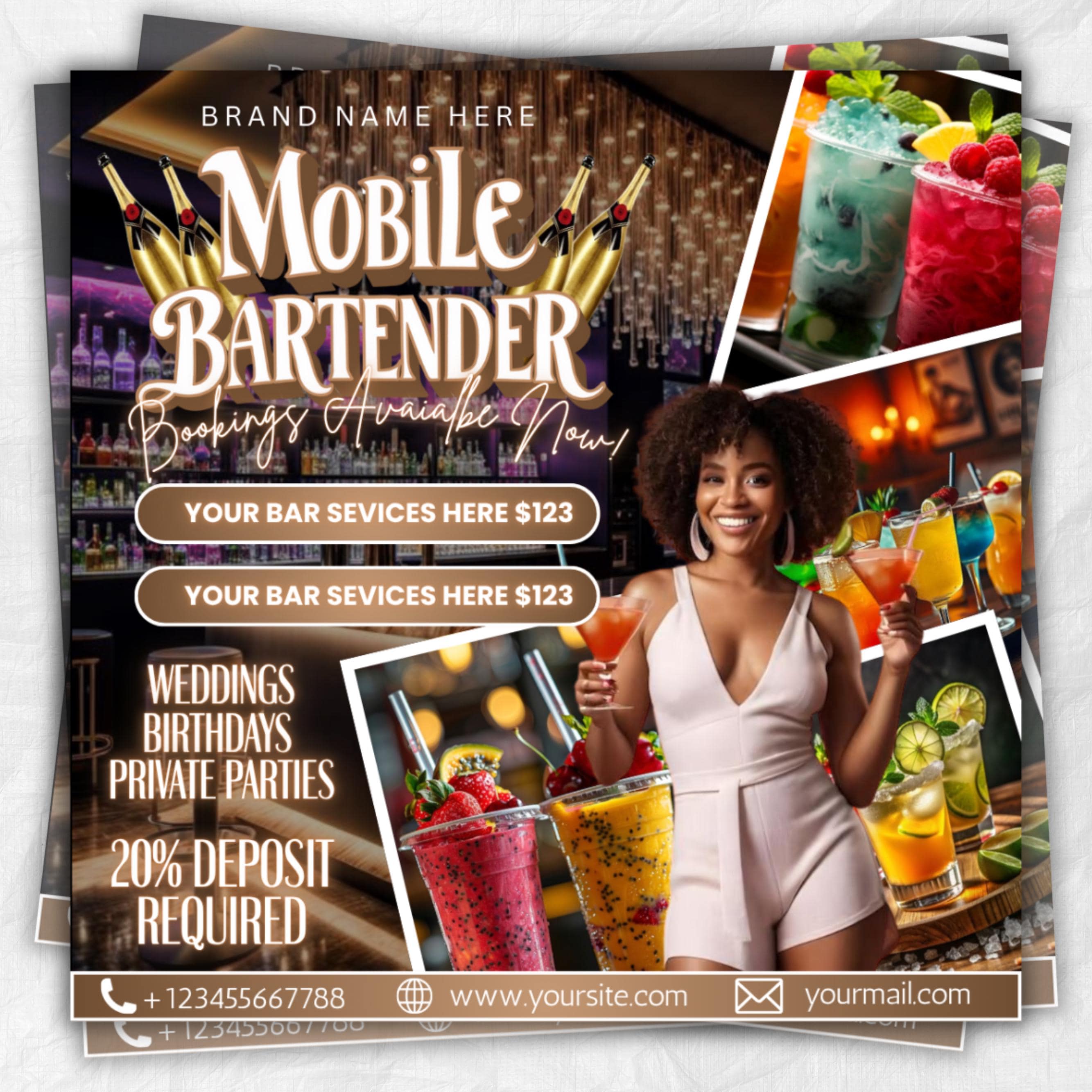 Volantino per barman mobile, fai da te per baristi, servizi di bevande per baristi, pianificazione di eventi per feste, noleggio social media, modello modificabile per Instagram, modello Canva