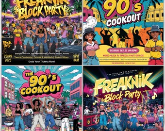 May include: Four colorful event posters with illustrations and text. Two posters advertise a "Freaknik Block Party" with illustrations of people and text. Two posters advertise "The 90's Cookout" with illustrations of people and text.
