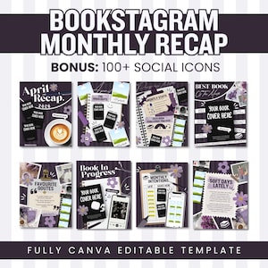 Könnte beinhalten: Eine digitale Vorlage für monatliche Bookstagram-Rückblicke mit einem lila und weißen Design. Die Vorlage enthält Abschnitte für Highlights, Statistiken, Lieblingszitate und mehr. Der Text enthält "Bookstagram Monthly Recap" und "Fully Canva Editable Template".