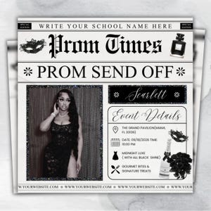 Newspaper Theme Prom Send Off Flyer For Queen, Prom Vote Flyer, Black & White Prom Send Off, Prom Campaign Flyer, Prom Event, Canva Editable