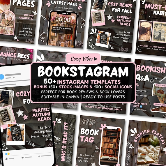 Bookstagram Carousel Template and Booktok Instagram Posts,Cozy Aesthetic Canva for Book Lovers, Authors & Bloggers Social Media Content