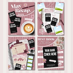 May include: A collection of four pink and white graphics with a book theme. Each graphic displays the text "Your Book Cover Here" on a black rectangle. Other elements include coffee, a notebook, a camera, and the text "May Recap 2026".