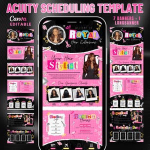 May include: A pink and black Acuity Scheduling Template for hair stylists. The template includes banners and a long banner with the text "Royal Hair Extensions" and "Your Hair Stylist". The design features images of hair extensions and booking information.
