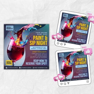 May include: Promotional graphic for a "Paint & Sip Night" event. The design features a wine glass with red liquid and colorful splashes. Text includes event details, date, time, and RSVP information.
